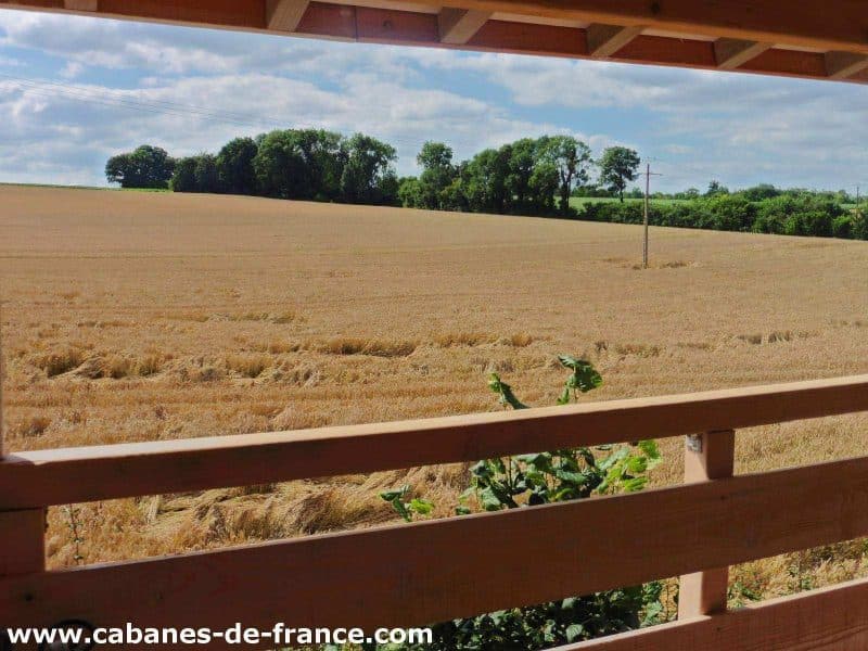 Cabane en bois avec vue sur un champ de blé doré sous un ciel bleu.
