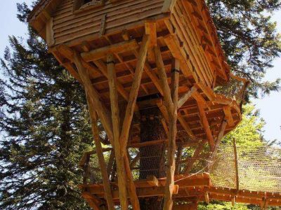 Cabane perchée en bois dans les arbres, entourée de verdure en Auvergne.