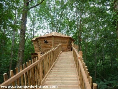 Cabane perchée en bois, accessible par un chemin en bois, entourée darbres verdoyants.