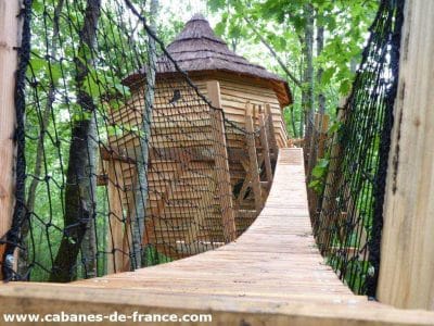 Cabane perchée en bois avec un toit en chaume, accessible par un pont suspendu.