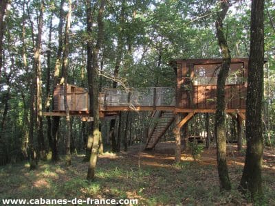 Cabane perchée dans les arbres, entourée de verdure, avec terrasse en bois.