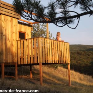 Cabane en bois sur pilotis, offrant une vue panoramique sur la nature environnante.