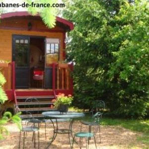 Charmante roulotte en bois entourée darbres, avec une terrasse et une table.