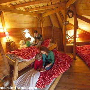 Chalet en bois chaleureux avec lits à baldaquin et décor coloré. Parfait pour familles.