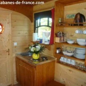 Intérieur chaleureux dune cabane en bois, avec kitchenette et décor naturel.