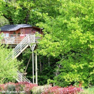 Cabane perchée en bois, entourée de verdure luxuriante à Nouvelle-Aquitaine.