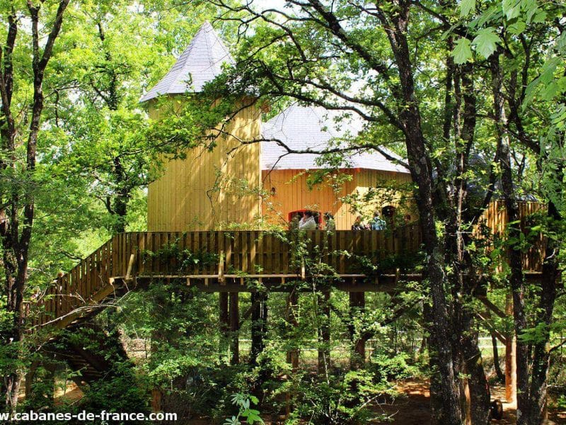 Cabane perchée en bois, entourée darbres verdoyants en Nouvelle-Aquitaine.