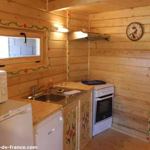 Cabane en bois à Nouvelle-Aquitaine, avec cuisine équipée et décor floral.