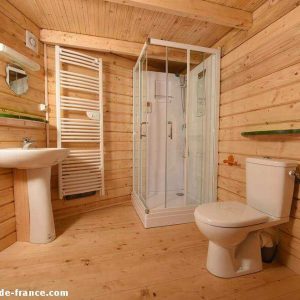 Cabane en bois à Nouvelle-Aquitaine, intérieur chaleureux avec douche et lavabo.
