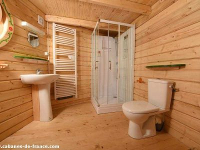 Cabane en bois à Nouvelle-Aquitaine, intérieur chaleureux avec douche et lavabo.