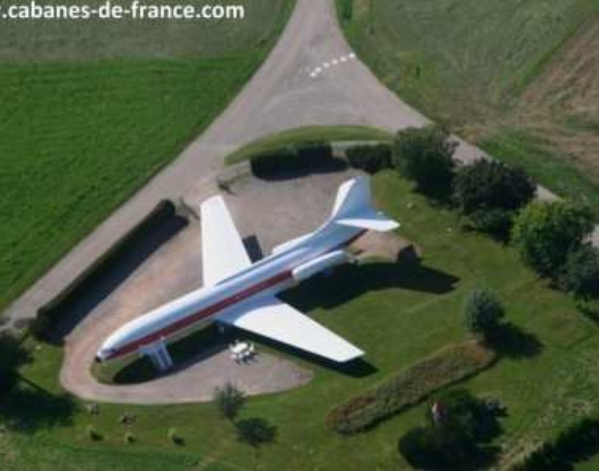Hébergement insolite : avion reconverti en gîte, entouré de verdure.