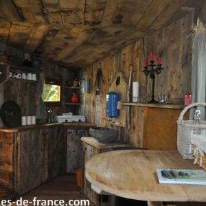Cabane en bois dans les arbres, intérieur chaleureux avec meubles en bois rustique.