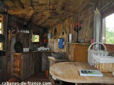 Cabane en bois dans les arbres, intérieur chaleureux avec meubles en bois rustique.