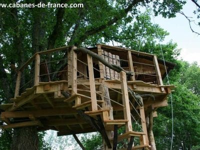 Cabane dans les arbres à Pays de la Loire, perchée entre les feuillages verdoyants.