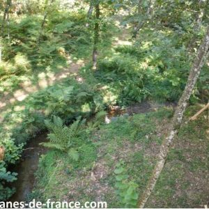Cabane perchée en Midi-Pyrénées, entourée de verdure et dun ruisseau paisible.