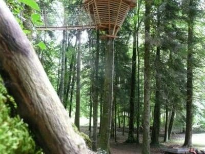 Cabane perchée dans les arbres, entourée de verdure en Bourgogne-Franche-Comté.