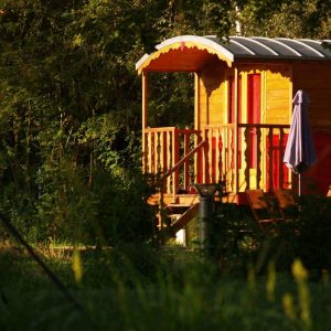 Roulotte en bois colorée, nichée au cœur de la verdure en Auvergne.