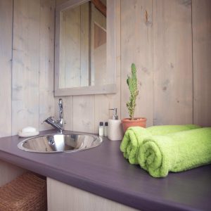 Espace bien-être dun hébergement insolite en Auvergne, avec lavabo et serviettes vertes.