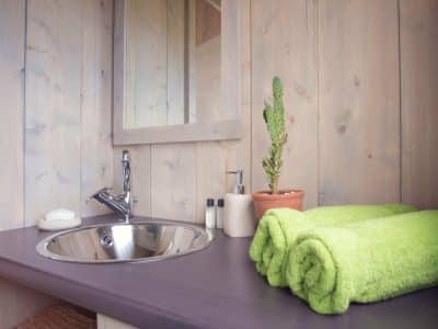 Espace bien-être dun hébergement insolite en Auvergne, avec lavabo et serviettes vertes.