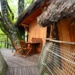 Cabane perchée en bois avec terrasse en bois, entourée darbres verdoyants.