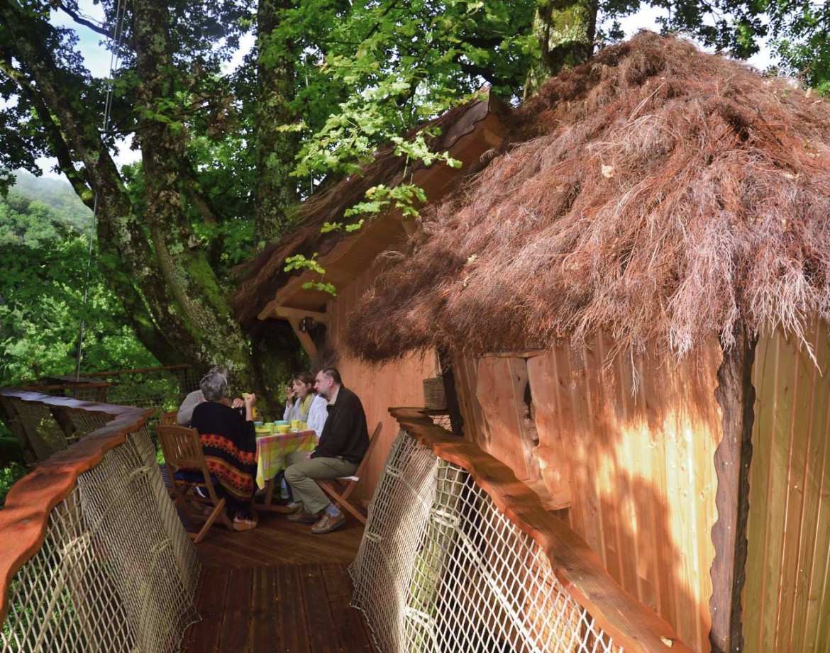 Cabane perchée dans les arbres, avec terrasse en bois et vue sur la nature environnante.
