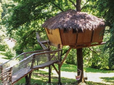 Cabane perchée en bois avec toit de chaume, entourée de verdure luxuriante.