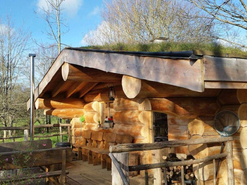 Cabane en bois avec toit végétal, nichée dans la nature à Champagne-Ardenne.