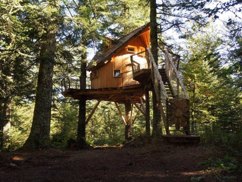Cabane perchée en bois dans les arbres, entourée de verdure en Auvergne.