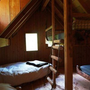 Chalet en bois à larchitecture cosy, avec une échelle menant à un espace de couchage.