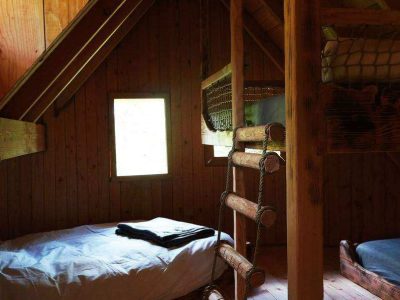 Chalet en bois à larchitecture cosy, avec une échelle menant à un espace de couchage.