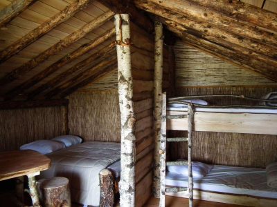 Cabane en bois dans le Grand-Est, avec lits superposés et murs en branches naturelles.