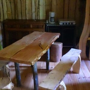 Cabane en bois dans le Grand-Est, avec une table en bois massif et des bancs rustiques.