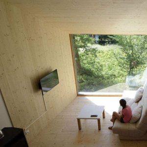 Hébergement insolite en bois à Grand-Est, avec grande fenêtre sur la nature.