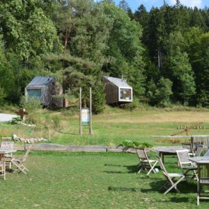 Hébergement insolite en cabanes dans les arbres, entouré de verdure et de mobilier en bois.