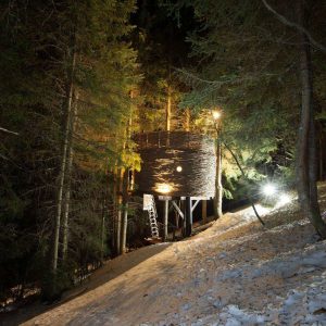 Cabane perchée dans les arbres, illuminée, entourée de neige et de sapins en Auvergne.