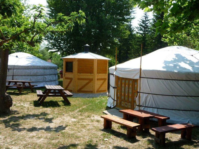 Yourtes confortables entourées darbres, avec tables de pique-nique en bois.
