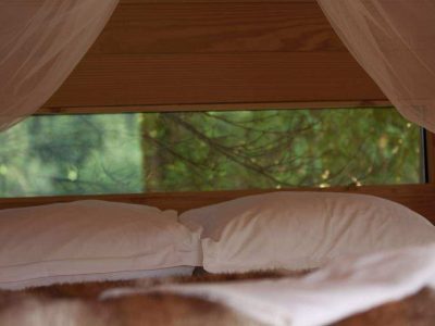 Cabane perchée avec vue sur la nature, literie confortable et ambiance cocooning.