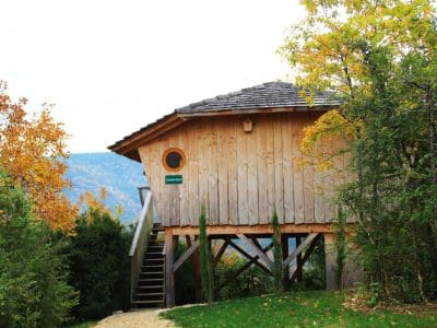 Cabane perchée en bois, entourée de verdure et darbres aux couleurs dautomne.