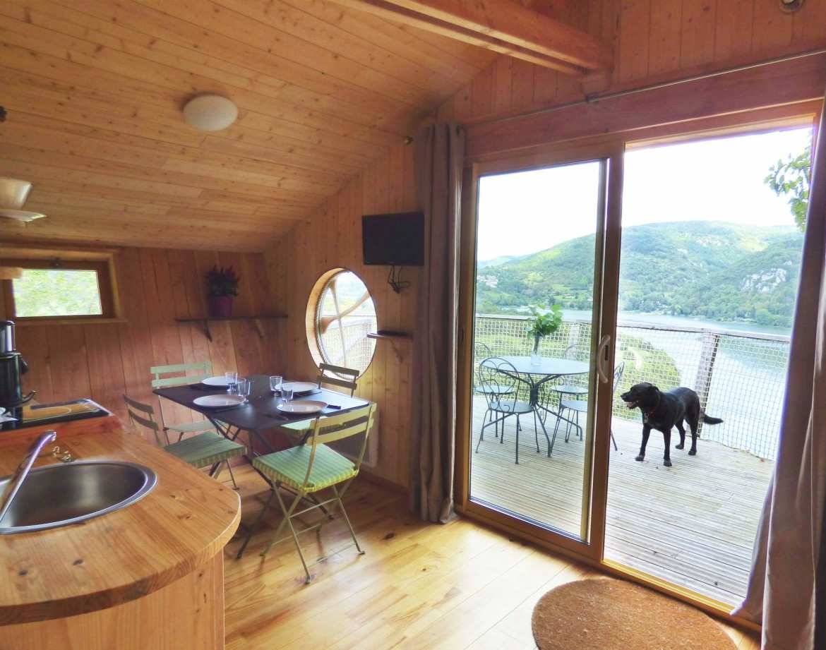Cabane en bois avec vue sur le lac et terrasse, idéale pour un séjour nature.