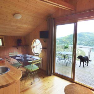 Cabane en bois avec vue sur le lac et terrasse, idéale pour un séjour nature.