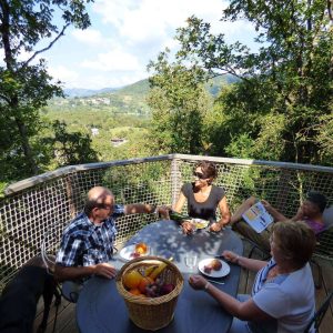 Séjournez dans une cabane perchée en bois avec vue sur la vallée et repas en plein air.