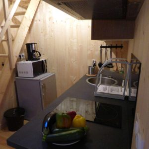 Hébergement insolite en Auvergne-Rhône-Alpes, cuisine moderne avec équipements en bois.