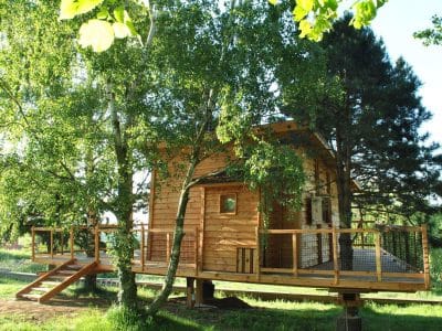 Cabane perchée en bois, entourée darbres verdoyants en Auvergne-Rhône-Alpes.