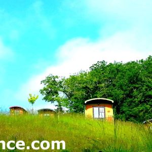 Charmantes cabanes en bois colorées, entourées de verdure sous un ciel bleu.