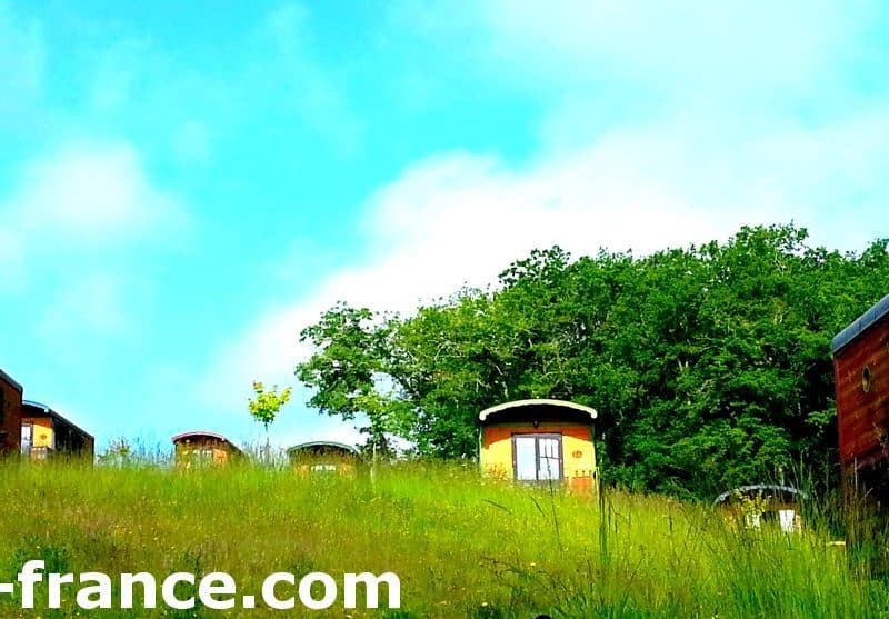 Charmantes cabanes en bois colorées, entourées de verdure sous un ciel bleu.