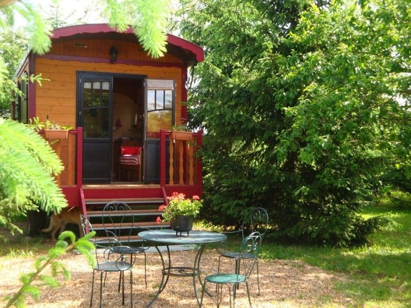 Charmante roulotte en bois avec terrasse, entourée darbres verdoyants.