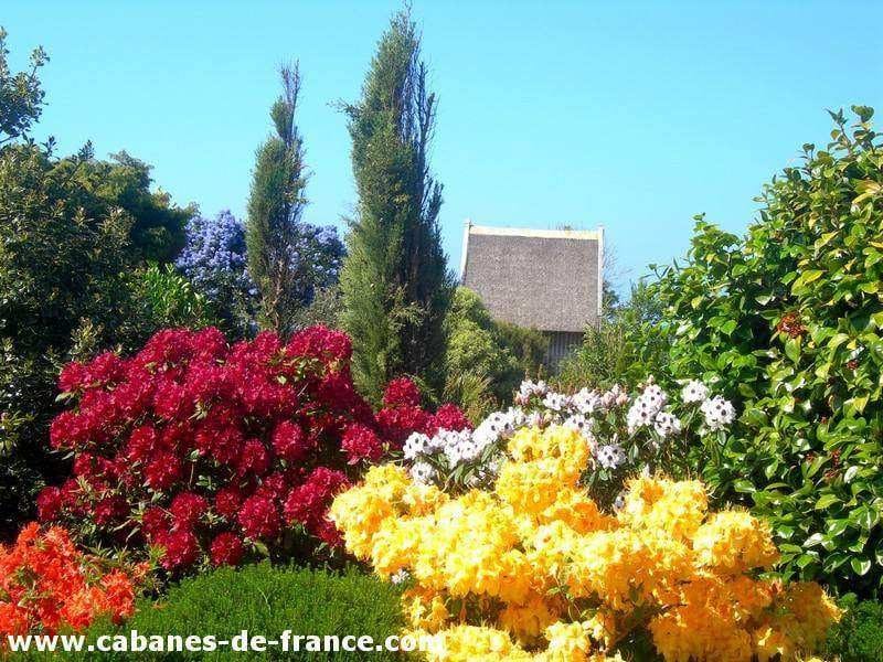 Cabanes de France entourées de fleurs colorées et verdure luxuriante.