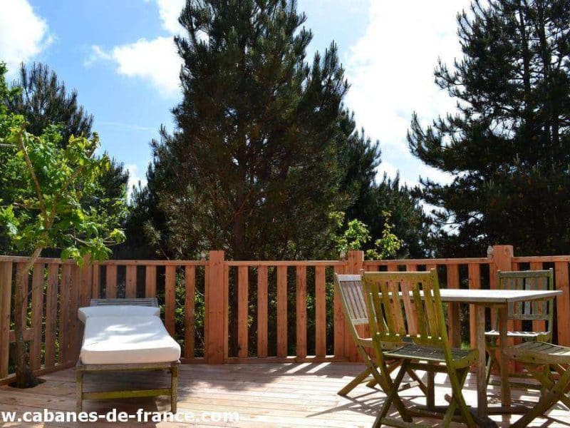Cabane en bois avec terrasse ensoleillée entourée darbres verdoyants.