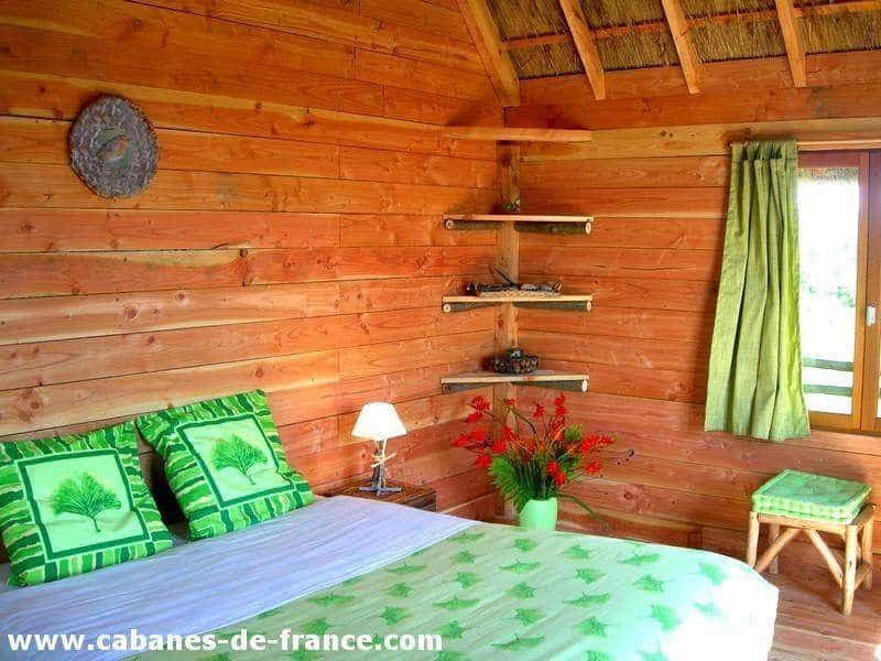 Chalet en bois avec lit douillet et décoration végétale apaisante.