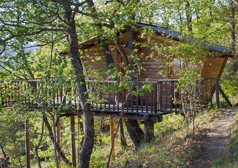 Cabane perchée en bois, entourée darbres verdoyants et dun balcon accueillant.